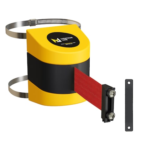 Montour Line Retractable Belt Barrier YW Clamped Wall Mount, 11' Red Belt (M) PWM200-YW-RD-C-M-110